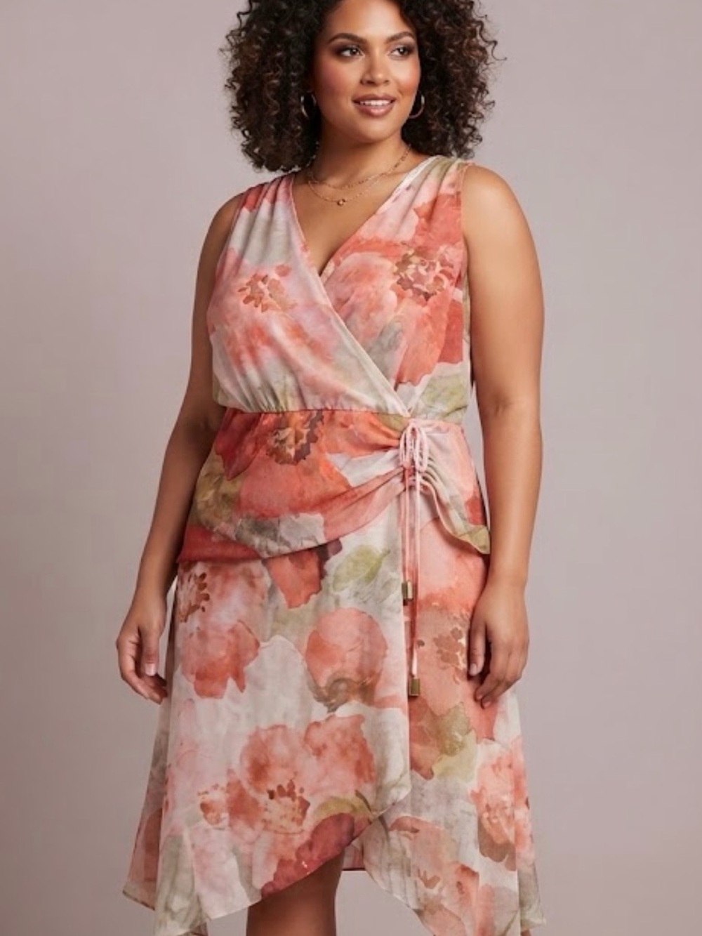 NWT Donna Karan Floral Print Sleeveless Wrap Dress with Drawstring Waist